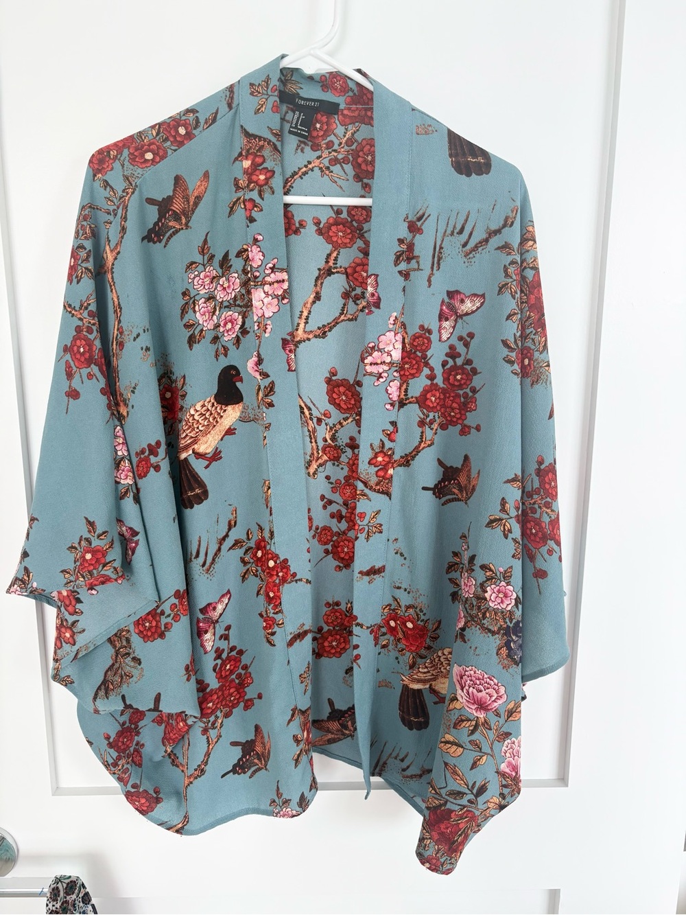 Forever 21 Floral Bird Butterfly Kimono Cardigan Teal Blue Boho Size S